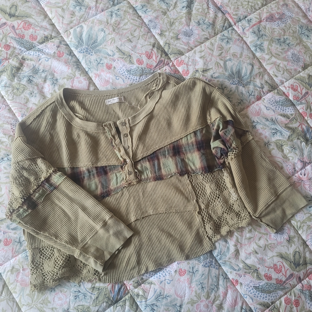 Free People Green Long Sleeve Tee with Chest Stripe
